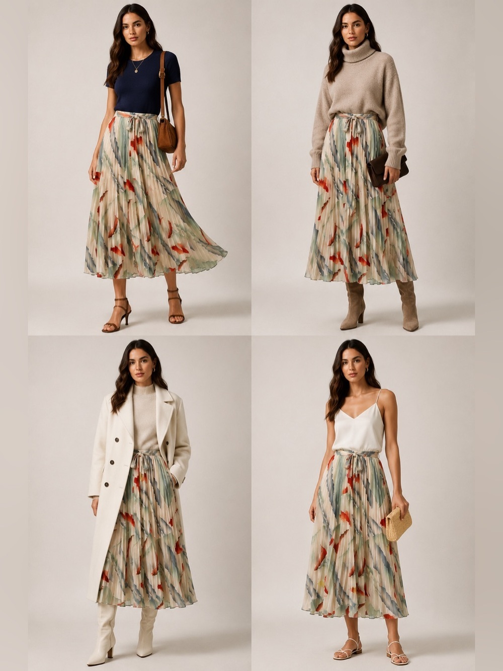 Joie Abstract Pleated Midi Skirt Tie Waist Lined Watercolor Print Size S
